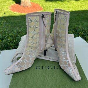 Gucci Demi Crystal Mesh Ankle Boots Glitter Beige Size EU-37.5 NIB